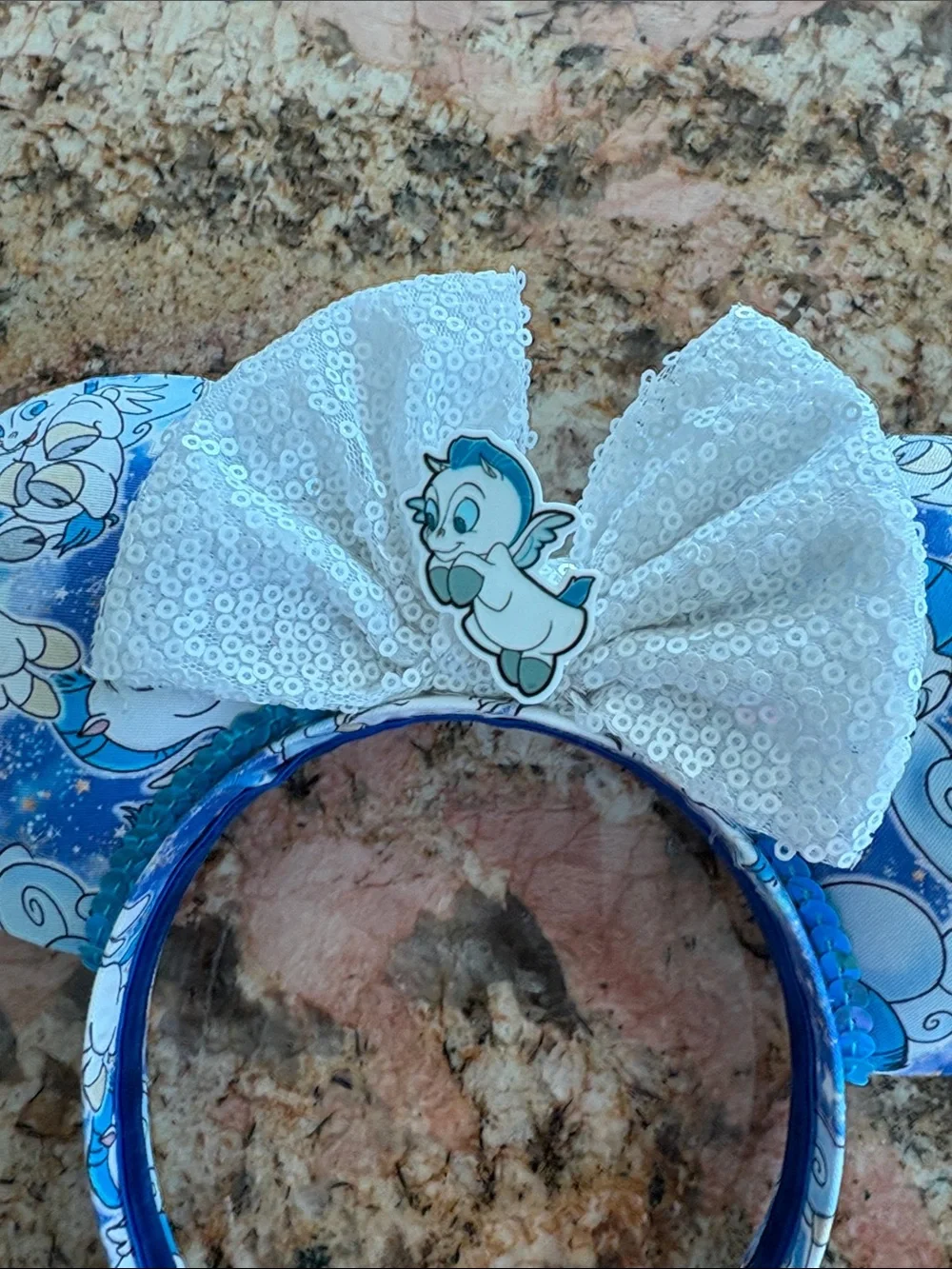Pegasus Disney-Inspired Mouse Ear Headband with White Sequin Bow